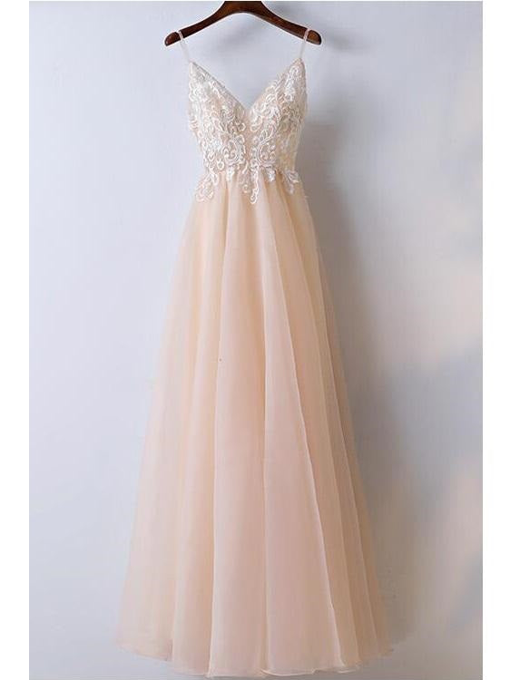 Blush Lace Top Spaghetti Straps A line Tulle Prom Dress Graduation Dress,GDC1114-Dolly Gown