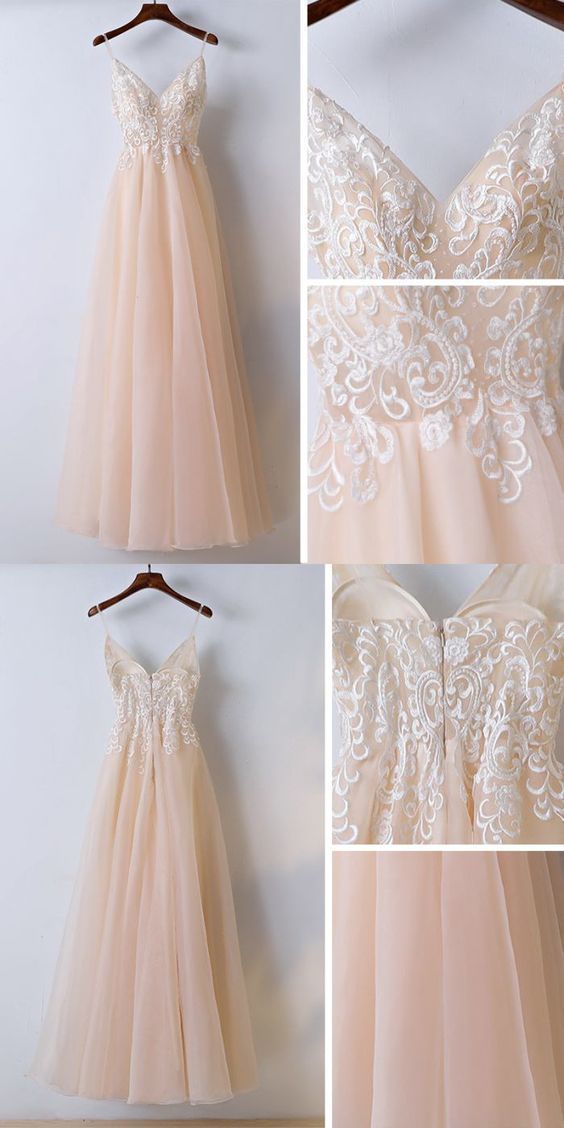 Blush Lace Top Spaghetti Straps A line Tulle Prom Dress Graduation Dress,GDC1114-Dolly Gown