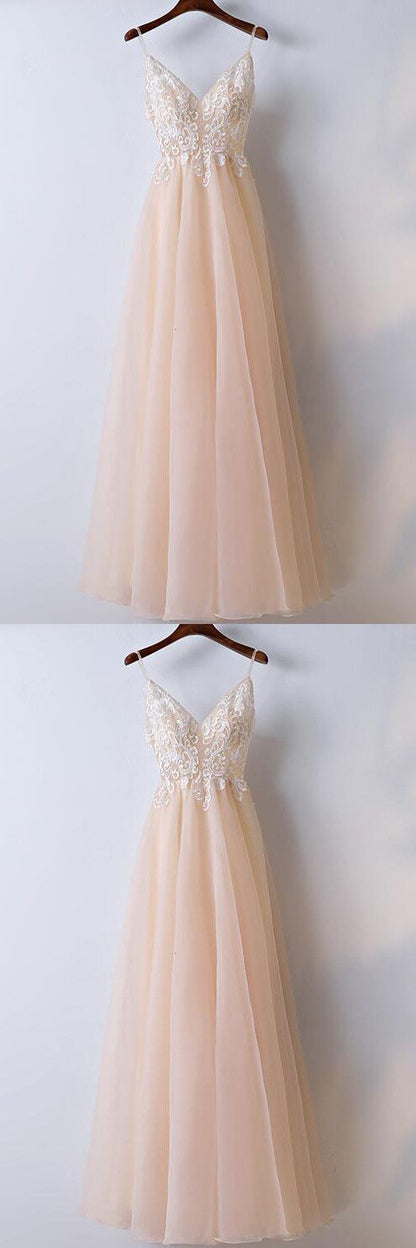 Blush Lace Top Spaghetti Straps A line Tulle Prom Dress Graduation Dress,GDC1114-Dolly Gown