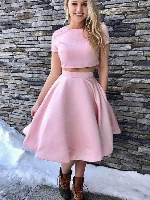 2 piece homecoming dress Round Neck Two Pieces Beaded Purple Short Prom Dresses Dres Shiny Party Full Length Sleeve Style Two Piece Short Prom Dress