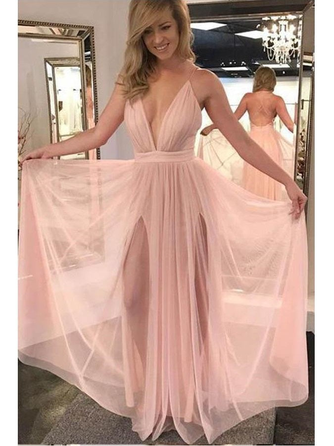Blush Pink Flowy Side Slits Plunge V neck Sexy Party Prom Dress,GDC1157-Dolly Gown