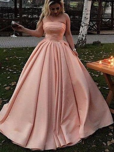 Blush Pink Straight Across Neck A-Line Satin Plain Long Prom Dress,  Graduation Dance Dress,Gdc1340