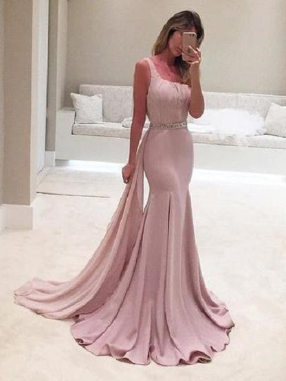 Blush Pink V Back Trumpet Long Prom Dress with Draping,GDC1145-Dolly Gown
