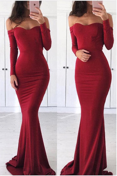 Bodycon Mermaid Long Prom Dress with Long Sleeves, Simple Prom Gown.GDC1138-Dolly Gown