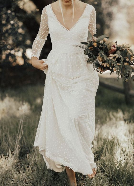 Romantic Bohemian Casual V neck Long Sleeve Polka DotWedding Dress,20081610-Dolly Gown