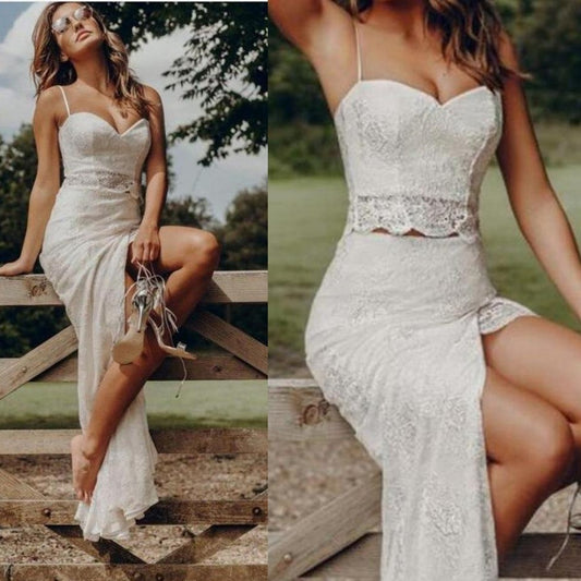 Boho Country Style Summer Lace Two Piece Spaghetti Straps Bridal Separates with Slit,20082692-Dolly Gown
