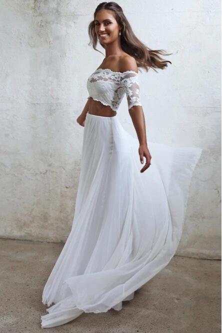 Boho Beach Two Piece Wedding Dress with Short Sleeves