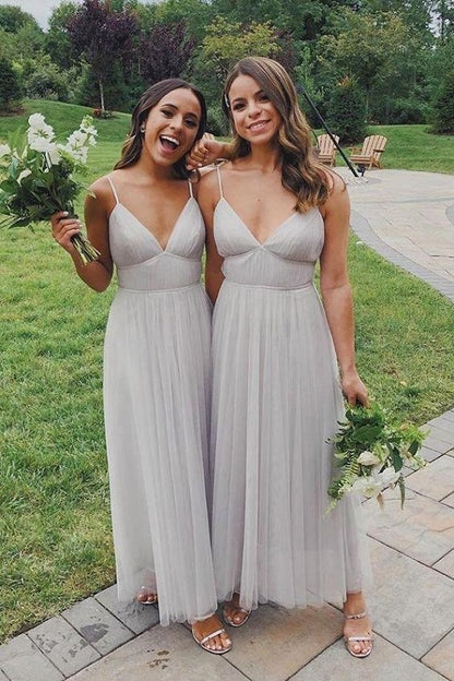 Boho Gray Tulle Ankle Length Spaghetti Straps Bridesmaid Dresses,20081905-Dolly Gown