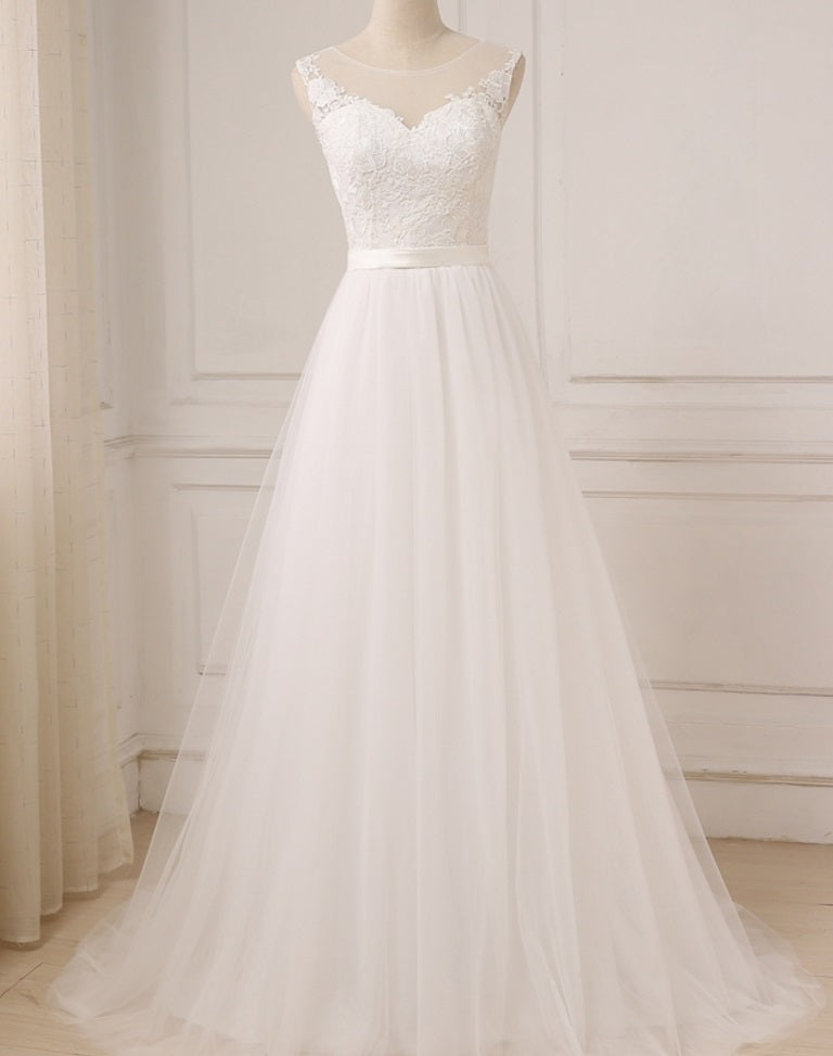 Boho Jewel Neck Tulle A-Line Lace Top Wedding Dress Flowy Summer Beach Wedding Dress #21011212-Dolly Gown