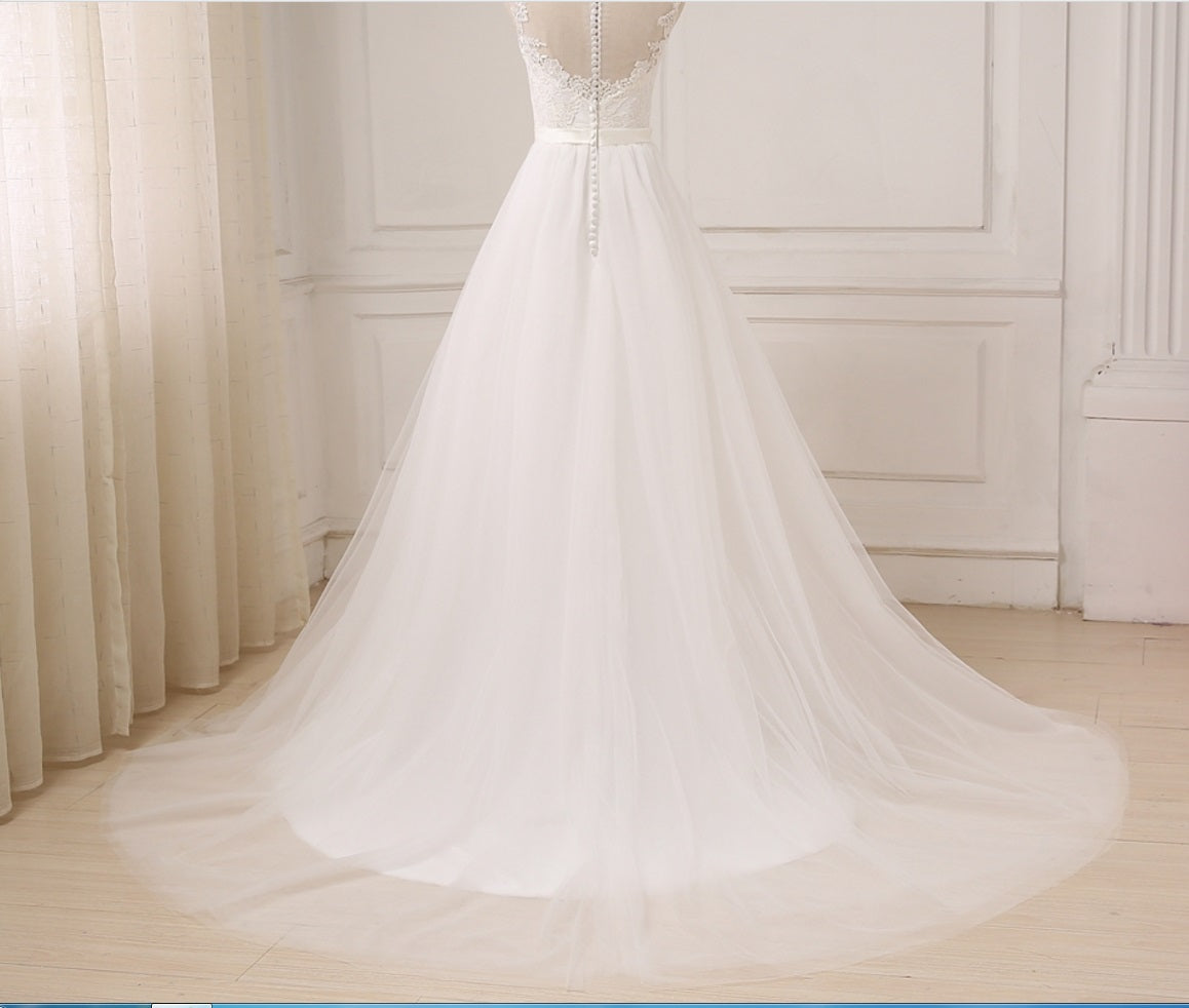 Boho Jewel Neck Tulle A-Line Lace Top Wedding Dress Flowy Summer Beach Wedding Dress #21011212-Dolly Gown