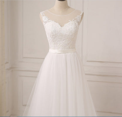 Boho Jewel Neck Tulle A-Line Lace Top Wedding Dress Flowy Summer Beach Wedding Dress #21011212-Dolly Gown