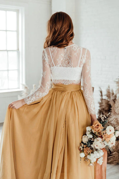Boho Long Sleeve Lace Two Piece Wedding Dress