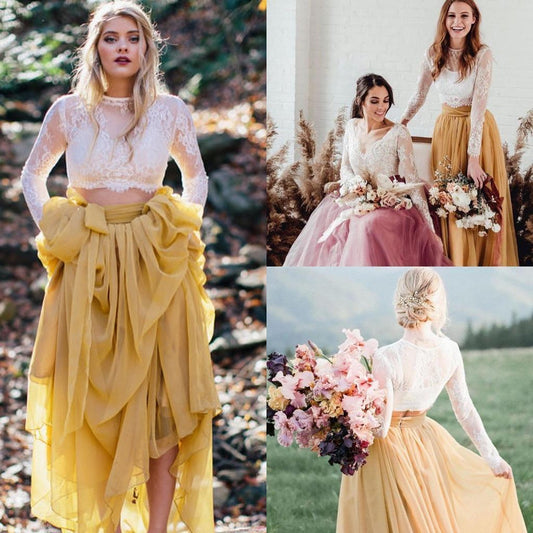 Boho Long Sleeve High Neck Bridal Separates with Yellow Separate Skirt,20082669-Dolly Gown