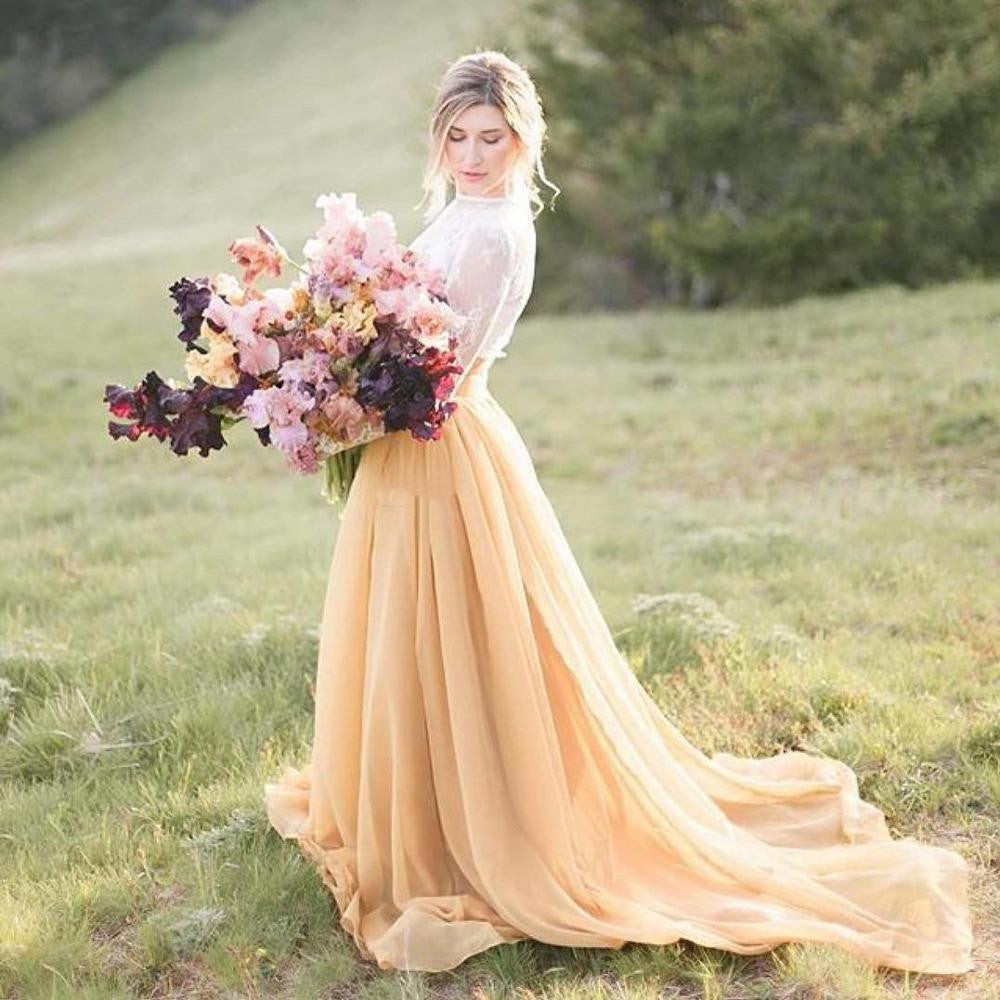 Boho Long Sleeve High Neck Bridal Separates with Yellow Separate Skirt,20082669-Dolly Gown