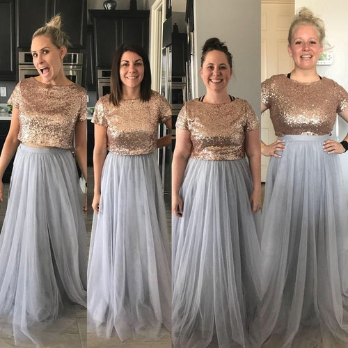 Boho Rose Gold Top with Gray Tulle Skirt Two Piece Long Bridesmaid Dresses,200818116-Dolly Gown
