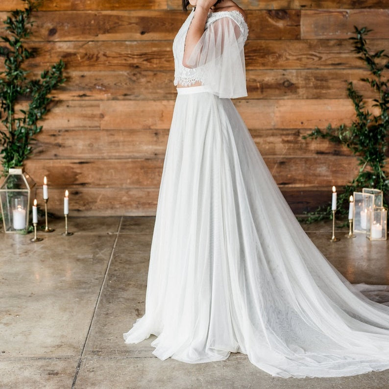 Boho Rustic Crop Top Two Piece Wedding Dress with tulle Skirt Boho Rustic Crop Top Two Piece Wedding Dress with tulle Skirt