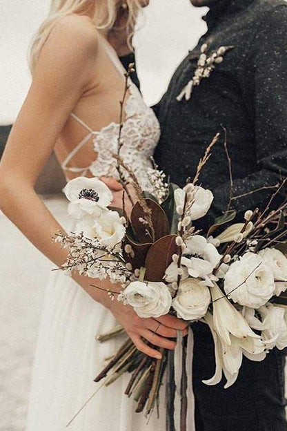 Boho Beach Chiffon Flowy Spaghetti Straps Backless Wedding Dress, Robe De Mariee,GDC1271-Dolly Gown