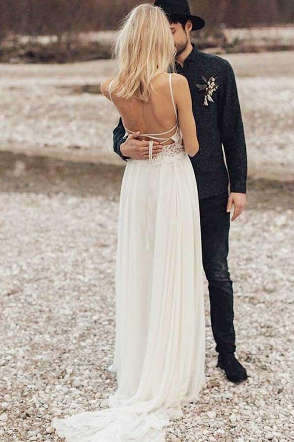 Boho Beach Chiffon Flowy Spaghetti Straps Backless Wedding Dress, Robe De Mariee,GDC1271-Dolly Gown