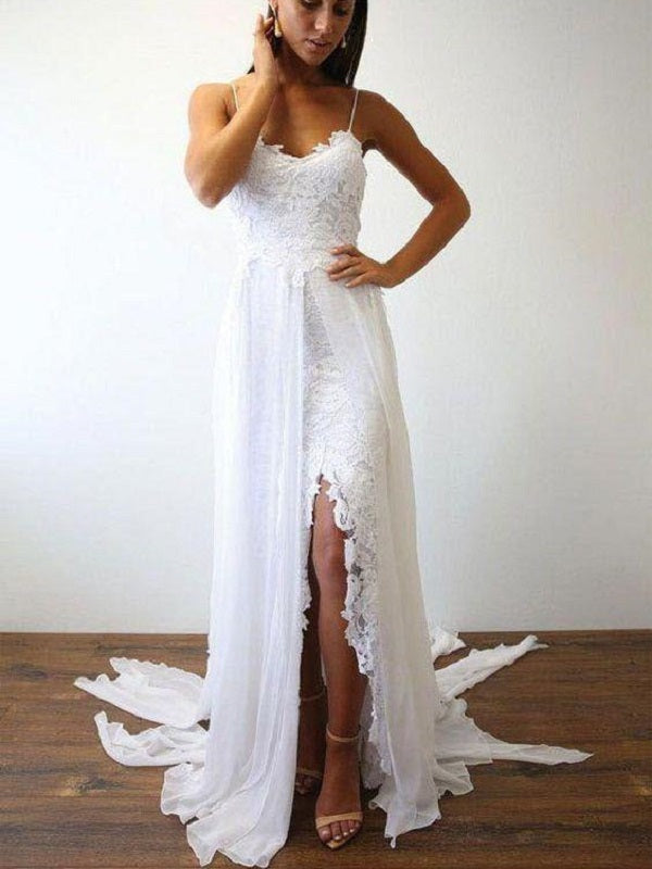 Boho Beach Flowy Chiffon Spaghetti Straps Wedding Dress with Side Slit