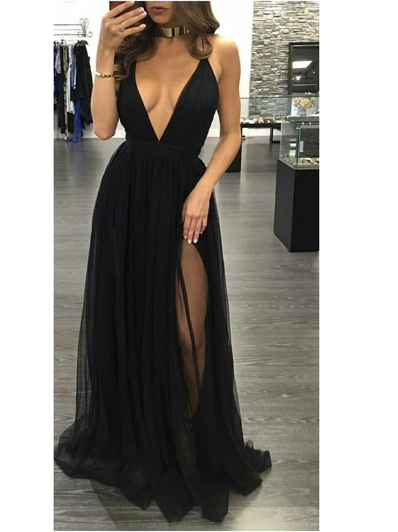 Boho Black Flowy Long Prom Dress,Sexy Plunge V neck Evening Dress,GDC1195-Dolly Gown