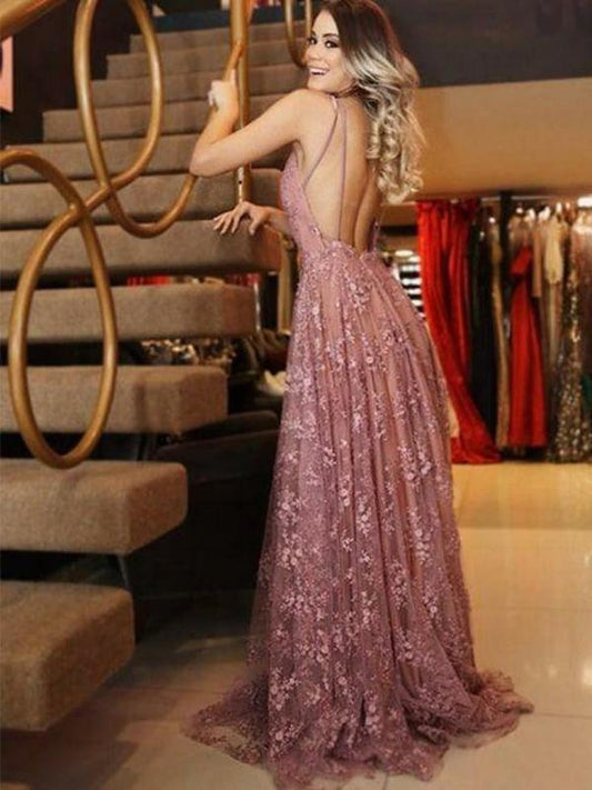 Boho Lace Long Low Back A-line Summer Prom Dress Evening Dress ,GDC1113-Dolly Gown