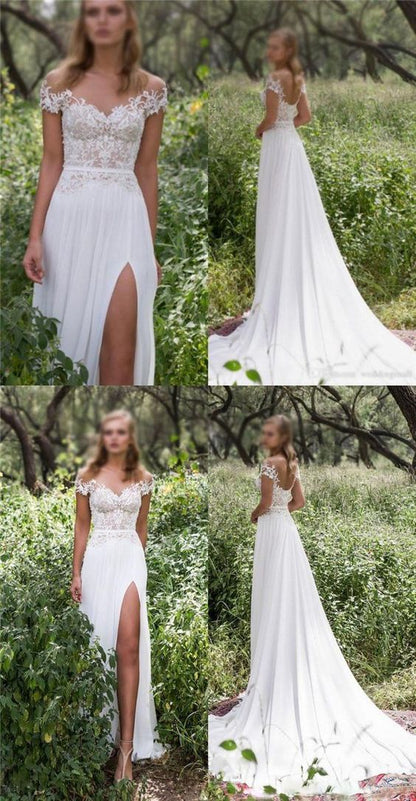 Boho Side Slit Flowy Lace Top Wedding Dress,GDC1033-Dolly Gown