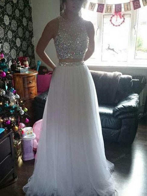 White Two Piece Long Tulle Prom Dress | 8th grade Formal Dress