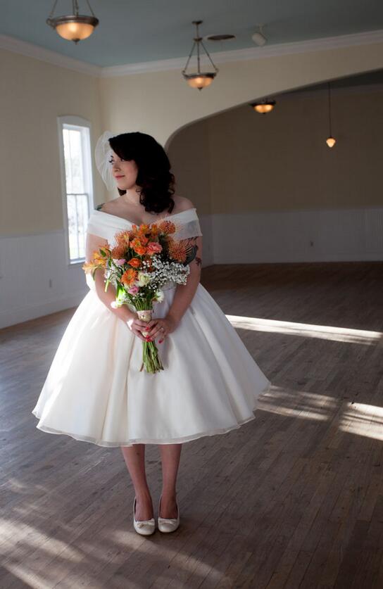 off the shoulder 50s wedding dress 1950s Vintage Tea-length Off-the-Shoulder Summer Wedding Dress Destination Simple A-Line Satin Corset Back Pleated Bridal Gown