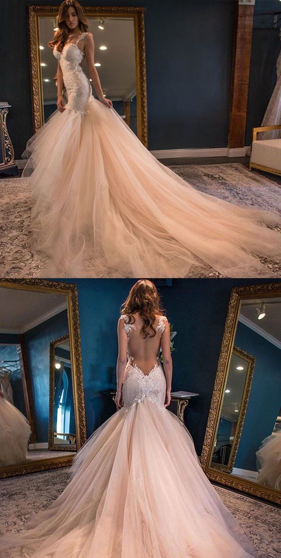 Breathtaking Mermaid Princess Backless Country Lace Tulle Wedding Dress Breathtaking Mermaid Princess Backless Country Lace Tulle Wedding Dress