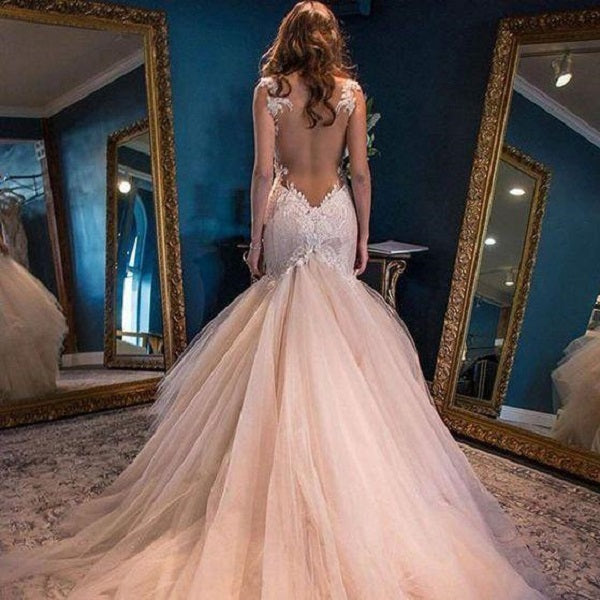 Breathtaking Mermaid Princess Backless Country Lace Tulle Wedding Dress,GDC1100-Dolly Gown