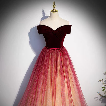 Burgundy Fairytale Off Shoulders Gradient Prom Dress -DollyGown