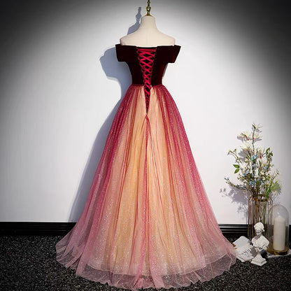 Burgundy Fairytale Off Shoulders Gradient Prom Dress -DollyGown