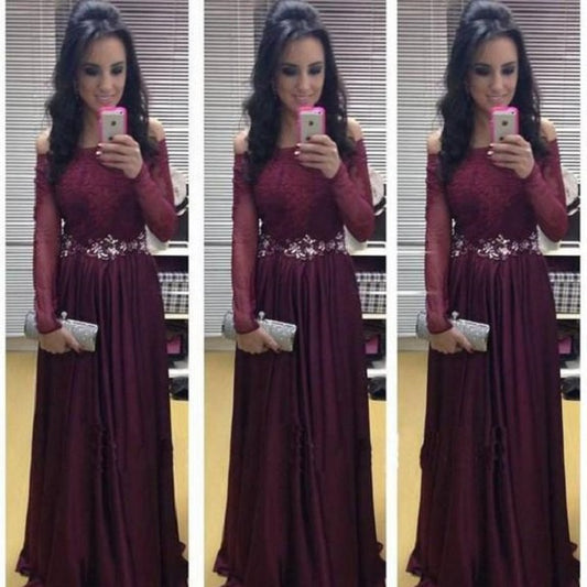 Burgundy Lace Top Long Sleeve Prom Dress,MA134-Dolly Gown