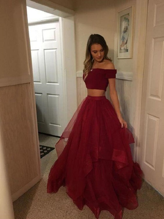 Burgundy Off Shoulders Long Two Piece 8th Grade Prom Dresses,20081114-Dolly Gown