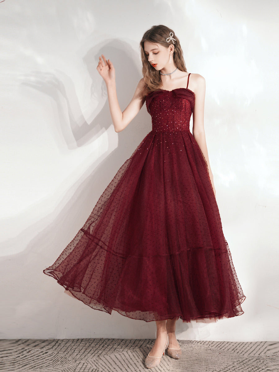 Burgundy Polka Dot Tea Length Prom Dress Wedding Dress - DollyGown