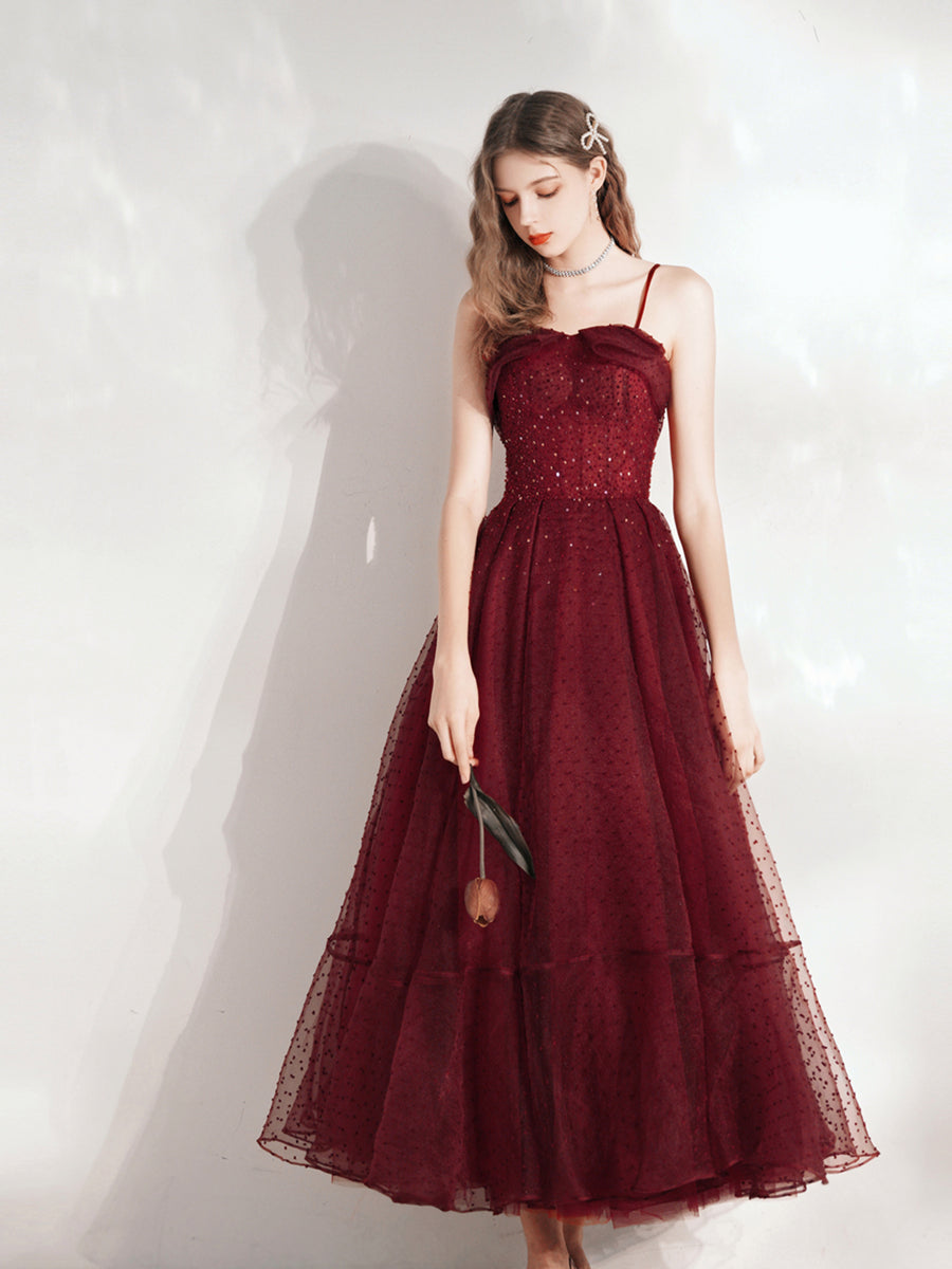 Burgundy Polka Dot Tea Length Prom Dress Wedding Dress - DollyGown