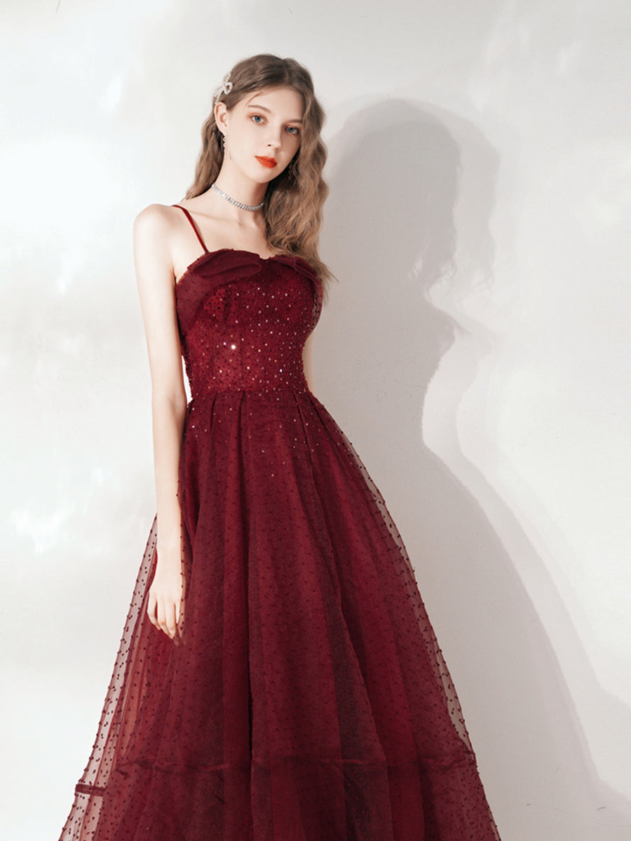 Burgundy Polka Dot Tea Length Prom Dress Wedding Dress - DollyGown