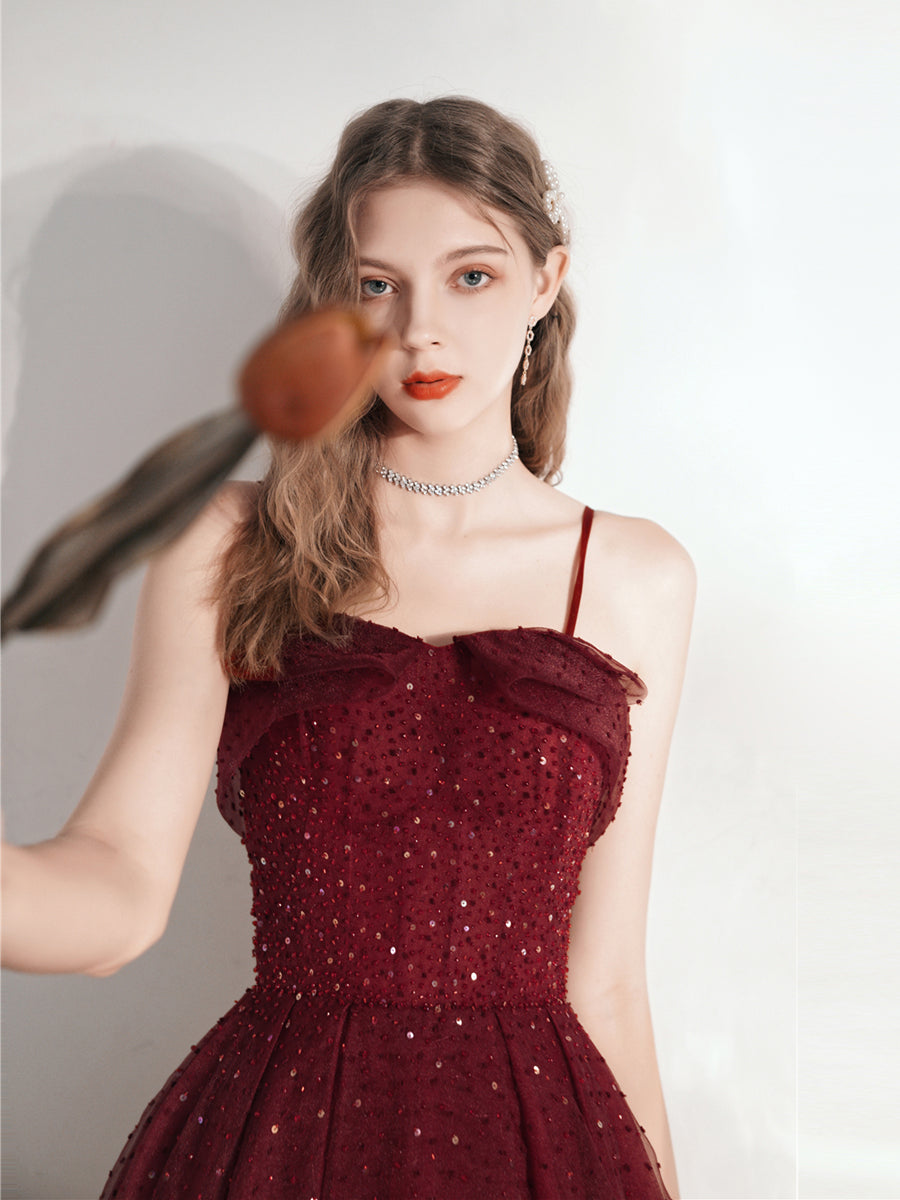 Burgundy Polka Dot Tea Length Prom Dress Wedding Dress - DollyGown