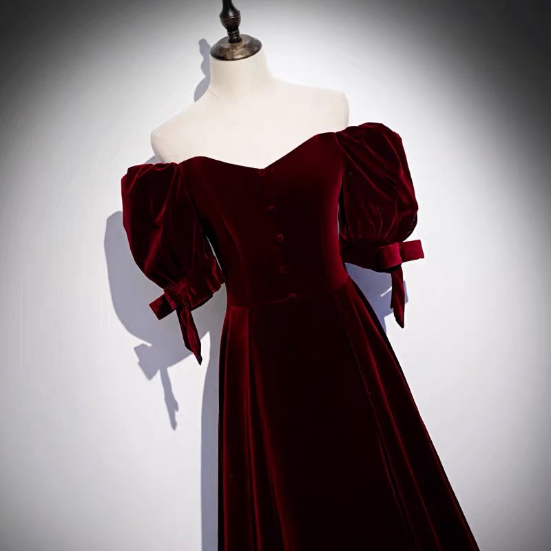Burgundy Velvet Prom Dress with Bubble Sleeves Burgundy Velvet Prom Dress with Bubble Sleeves