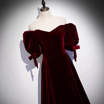 Burgundy Velvet Prom Dress with Bubble Sleeves - Dollygown