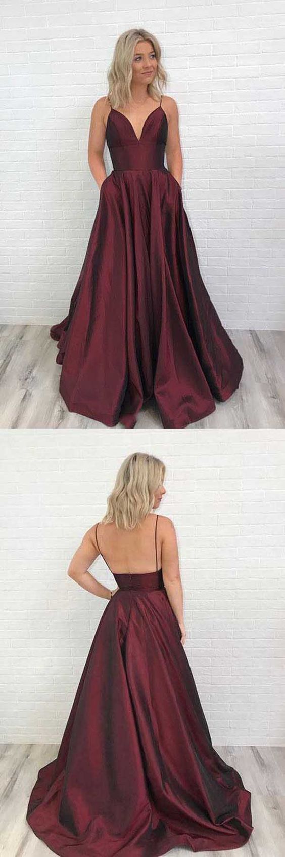 Burgundy Backless Graduation Prom Dress with Pockets, GDC1049