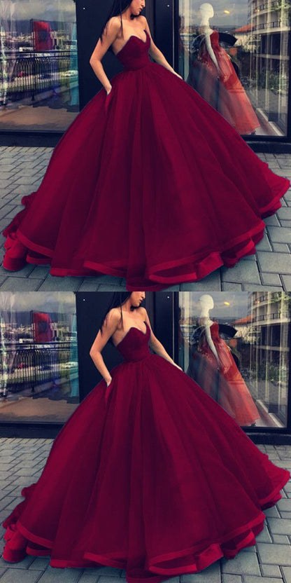 Burgundy Ball Gown Tulle Strapless Prom Dress with Satin Binding Hem,GDC1178-Dolly Gown