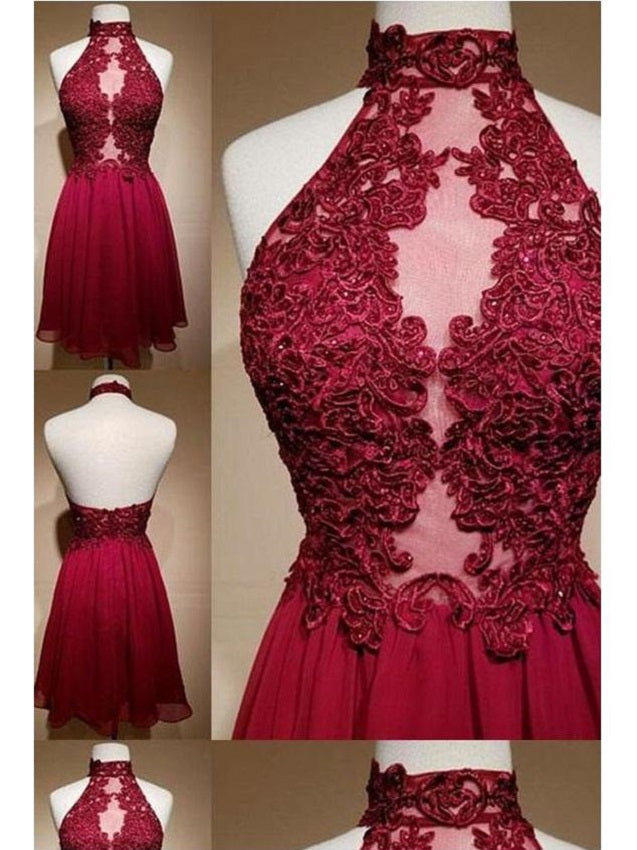 Burgundy Halter See Through Short Prom Dress Homecoming Dress,GDC1303-Dolly Gown