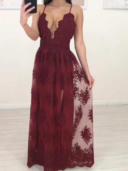 Burgundy Flowy Long Formal Lace Prom Dress,GDC1109-Dolly Gown