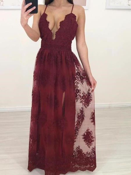 Burgundy Flowy Long Formal Lace Prom Dress Burgundy / US 4