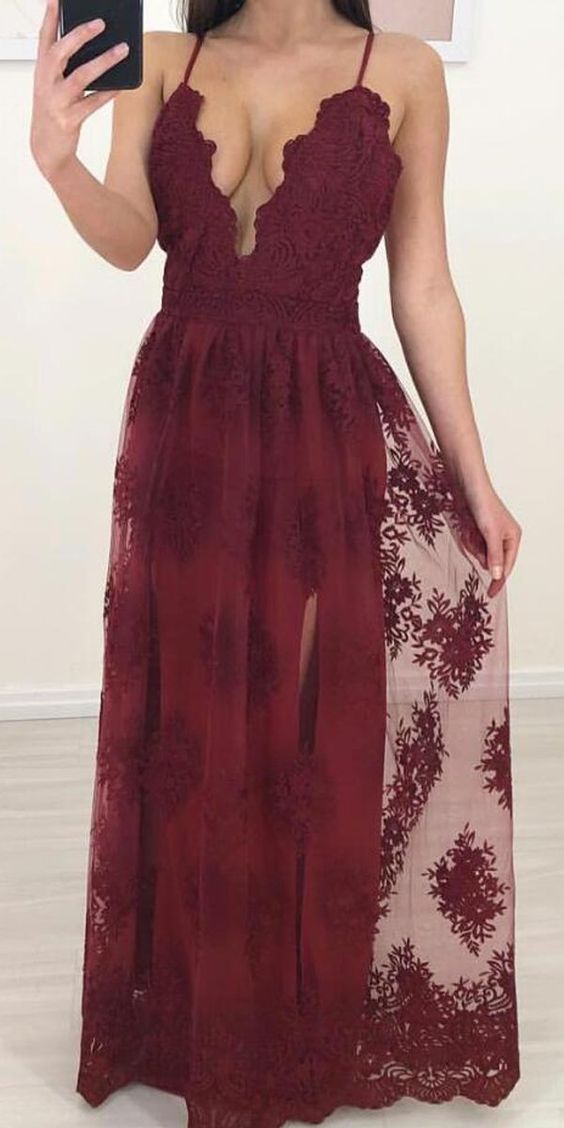 Burgundy Flowy Long Formal Lace Prom Dress Burgundy Flowy Long Formal Lace Prom Dress