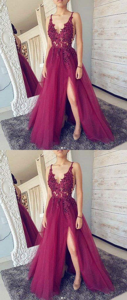 Unique Burgundy Maroon Customized See Through Plunge V neck Slit Tulle Prom Dress,GDC1205