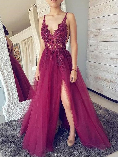 Unique Burgundy Maroon Customized See Through Plunge V neck Slit Tulle Prom Dress,GDC1205