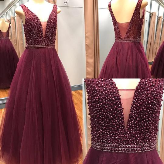 Classy Burgundy Plunge V neck Tulle Puffy Prom Dress, GDC1173-Dolly Gown