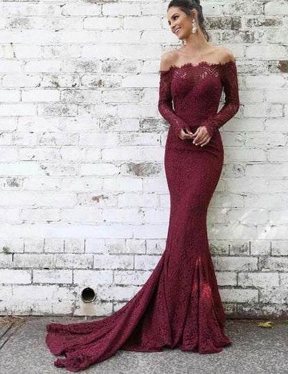 Burgundy Trumpet Mermaid Occasion Long Sleeve Prom Dress, GDC1072-Dolly Gown